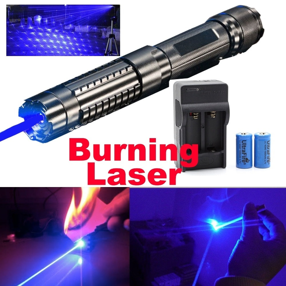 Blue Light Laser Pointer Pen 450nm Adjustable Beam Burning Match + 5 Star caps