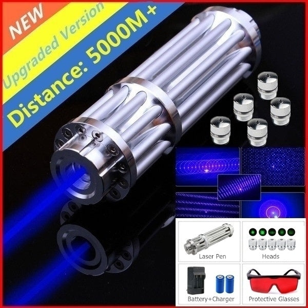 High Power Laser Pointer Pen Ignition Laser Flashlight Irradiate 5000m Laser Pen with Battery + Battery Charger + Protective Glasses + 5 Replacement head
