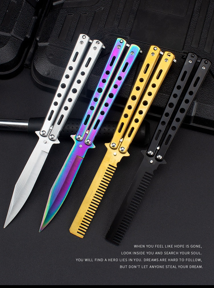 Stainless Steel Folding Comb Beginner Training Tool Outdoor Camping Practice Knife Unopened Decompression Swing Comb