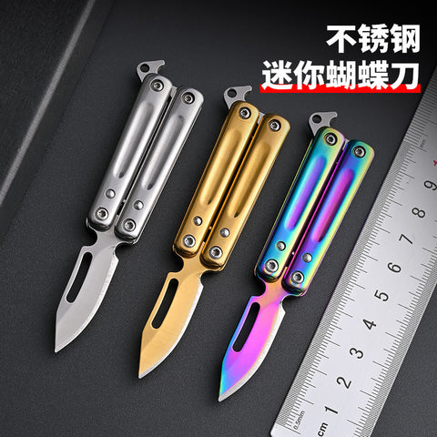 【Free gift】Mini Stainless Steel Butterfly Practice Knife Keychain Knife Sharp Fruit Knife Express Portable Play Unpacking Knife