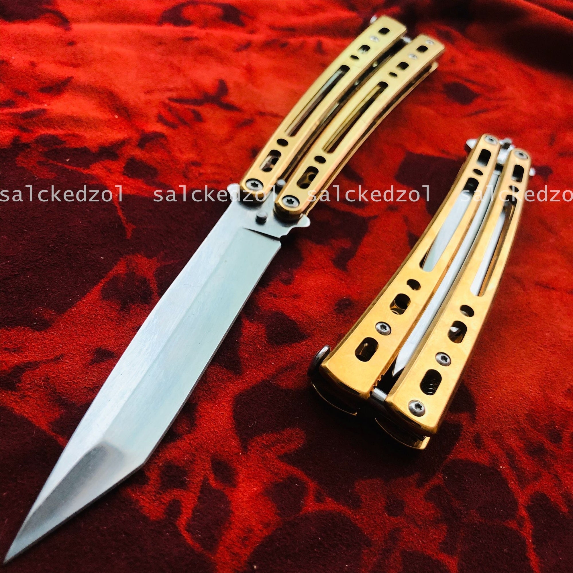 Outdoor Jungle Tactical Survival Hunting Knifes Assisted Action Knife Drop Ship  TOP Quality Trainer Butterfly Knives Gold Handle Tanto Sharp Blade Combat Training Balisong Practice Knife Dagger Knife