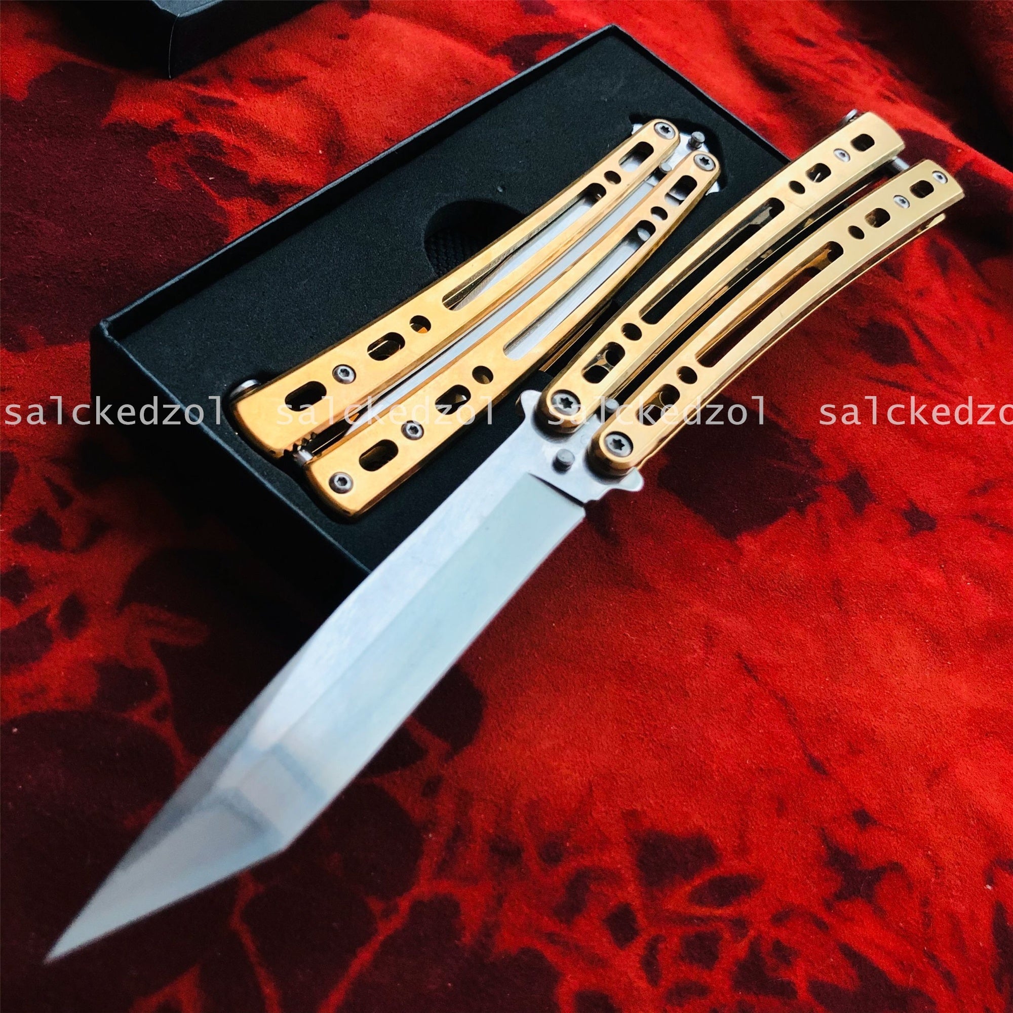 Outdoor Jungle Tactical Survival Hunting Knifes Assisted Action Knife Drop Ship  TOP Quality Trainer Butterfly Knives Gold Handle Tanto Sharp Blade Combat Training Balisong Practice Knife Dagger Knife