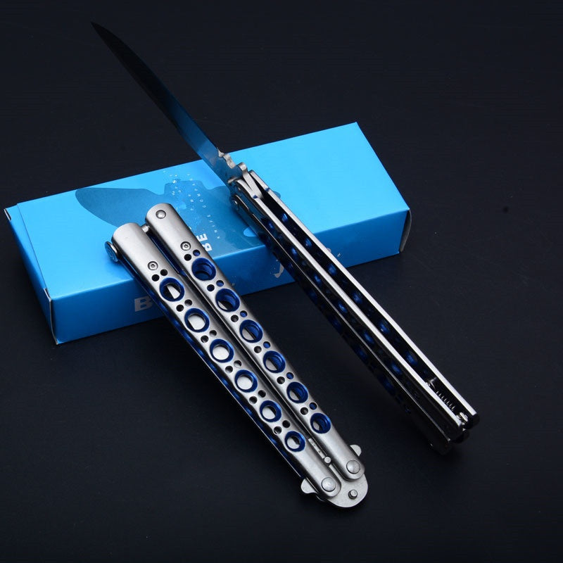Combat Hunting Survival Knifes Flick Knife    Practice Training Balisong Knife Tactical Very Sharp Butterfly Knives  High Quality Blue Hole All Steel Version!!