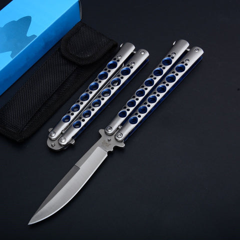 Combat Hunting Survival Knifes Flick Knife    Practice Training Balisong Knife Tactical Very Sharp Butterfly Knives  High Quality Blue Hole All Steel Version!!