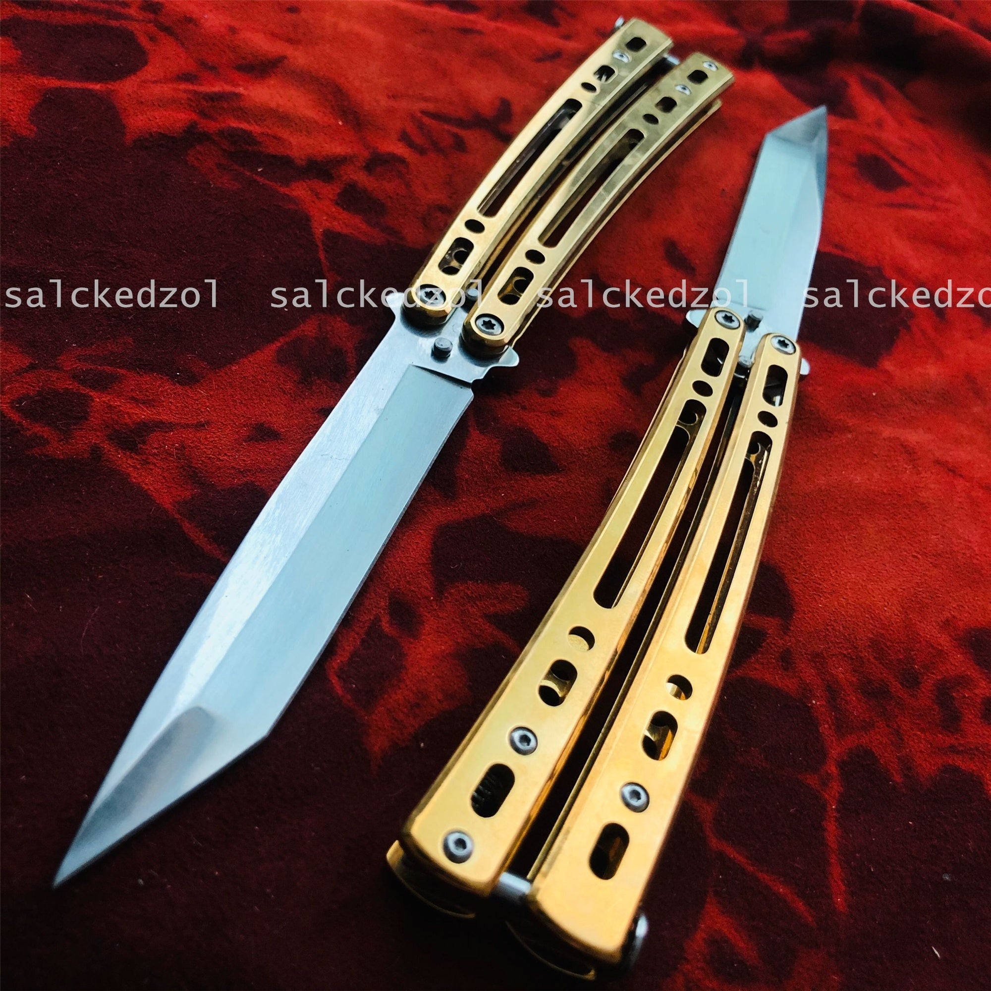 Gold Handle Tanto Sharp Blade Combat Training Balisong Practice Knife Dagger Knife   Outdoor Jungle Tactical Survival Hunting Knifes Assisted Action Knife Drop Ship  TOP Quality Trainer Butterfly Knives