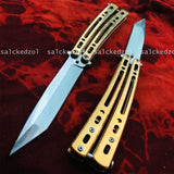 Gold Handle Tanto Sharp Blade Combat Training Balisong Practice Knife Dagger Knife   Outdoor Jungle Tactical Survival Hunting Knifes Assisted Action Knife Drop Ship  TOP Quality Trainer Butterfly Knives