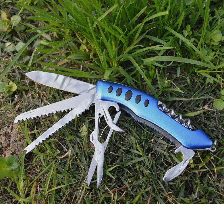 Camping equipment portable folding knife three-color 105mm stainless steel multi-function knife 11 open 13 function life-saving knife