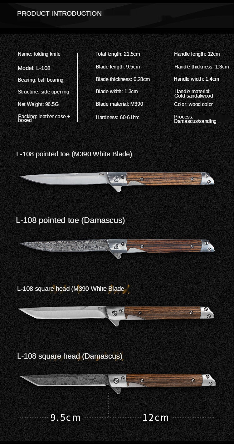 New Stainless Steel Fruit Knife Sandalwood Handle Folding Knife Camping Outdoor Folding Knife Damascus Pocket Knife