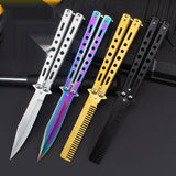 Camping outdoor unopened decompression spin comb practice knife beginner training tool folding stainless steel comb