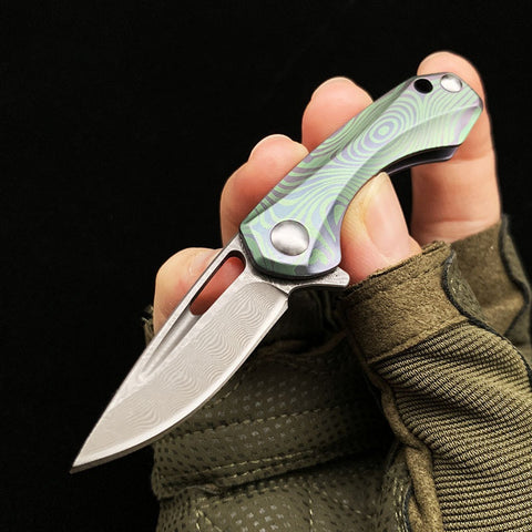 Portable Express Unpacking Keychain Knife Outdoor Mini Damascus Pocket Knife with Titanium Handle