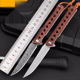 Portable folding knife sharp camping survival knife fruit knife outdoor knife Damascus pattern folding knife with wooden handle magic pen