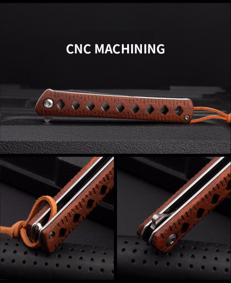 Portable folding knife sharp camping survival knife fruit knife outdoor knife Damascus pattern folding knife with wooden handle magic pen