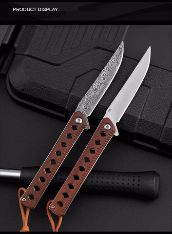 Portable folding knife sharp camping survival knife fruit knife outdoor knife Damascus pattern folding knife with wooden handle magic pen