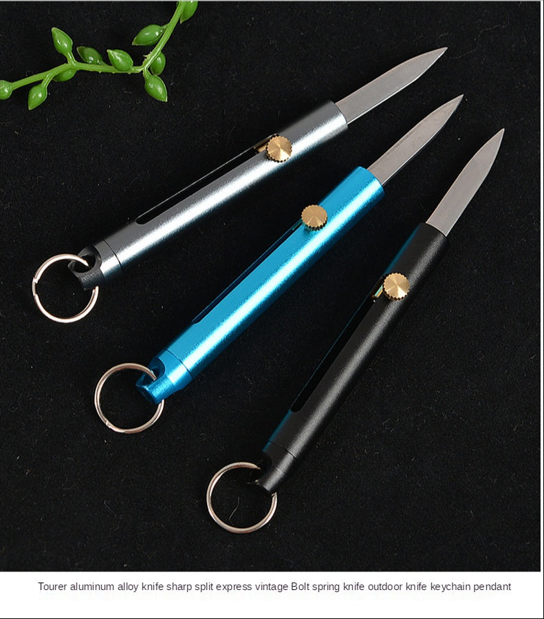 Outdoor knife keychain pendant retro bolt spring knife aluminum alloy knife sharp demolition express