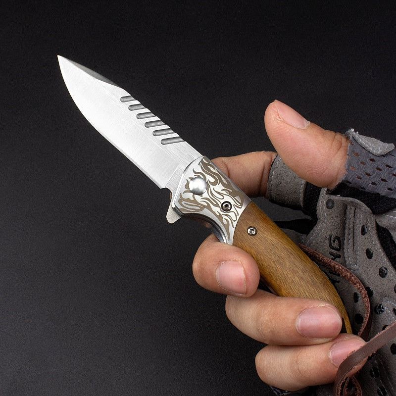 Camping Survival Knife Tactical Outdoor Folding Knife Wooden Handle Knife D2 Steel High Hardness Folding Knife Mini Knife
