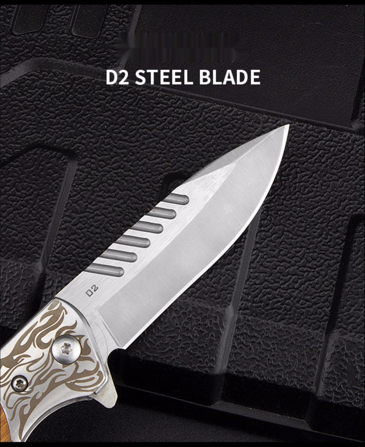 Camping Survival Knife Tactical Outdoor Folding Knife Wooden Handle Knife D2 Steel High Hardness Folding Knife Mini Knife