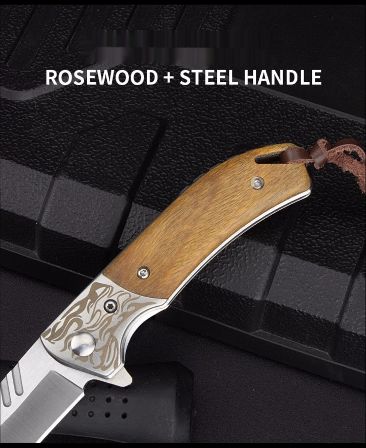 Camping Survival Knife Tactical Outdoor Folding Knife Wooden Handle Knife D2 Steel High Hardness Folding Knife Mini Knife