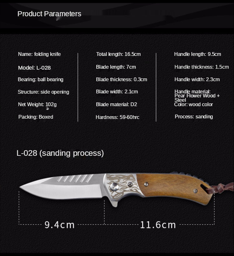 Camping Survival Knife Tactical Outdoor Folding Knife Wooden Handle Knife D2 Steel High Hardness Folding Knife Mini Knife