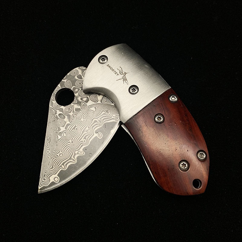 Outdoor small praying mantis mini knife folding knife forged and pickled red sandalwood handle Damascus knife