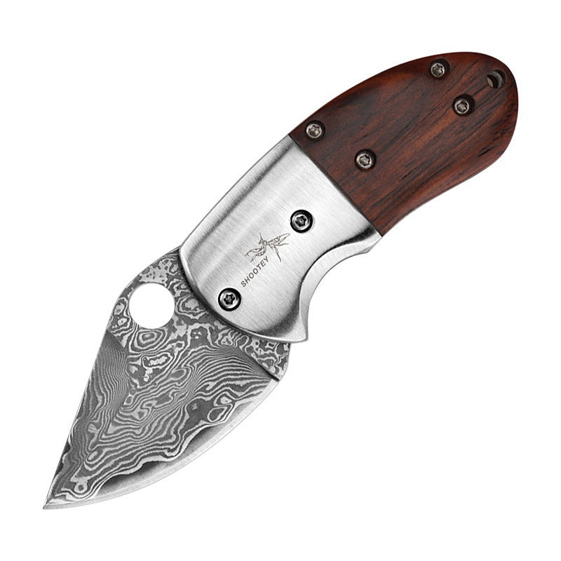 Outdoor small praying mantis mini knife folding knife forged and pickled red sandalwood handle Damascus knife