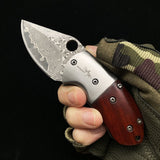 Outdoor small praying mantis mini knife folding knife forged and pickled red sandalwood handle Damascus knife