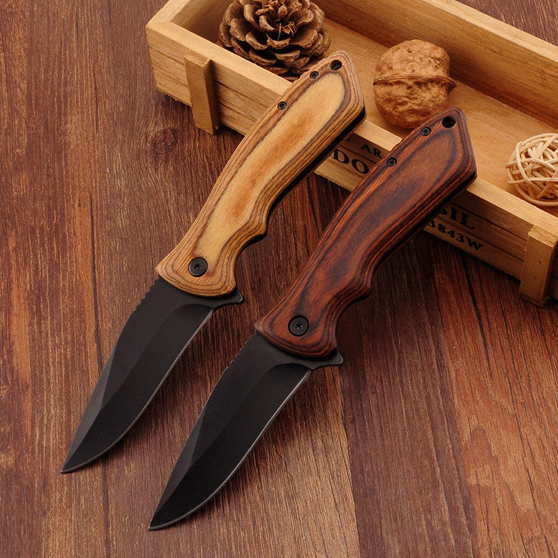 Stainless Steel Outdoor Folding Knife Wilderness Survival Tactical Knife Wooden Handle Pocket Knife