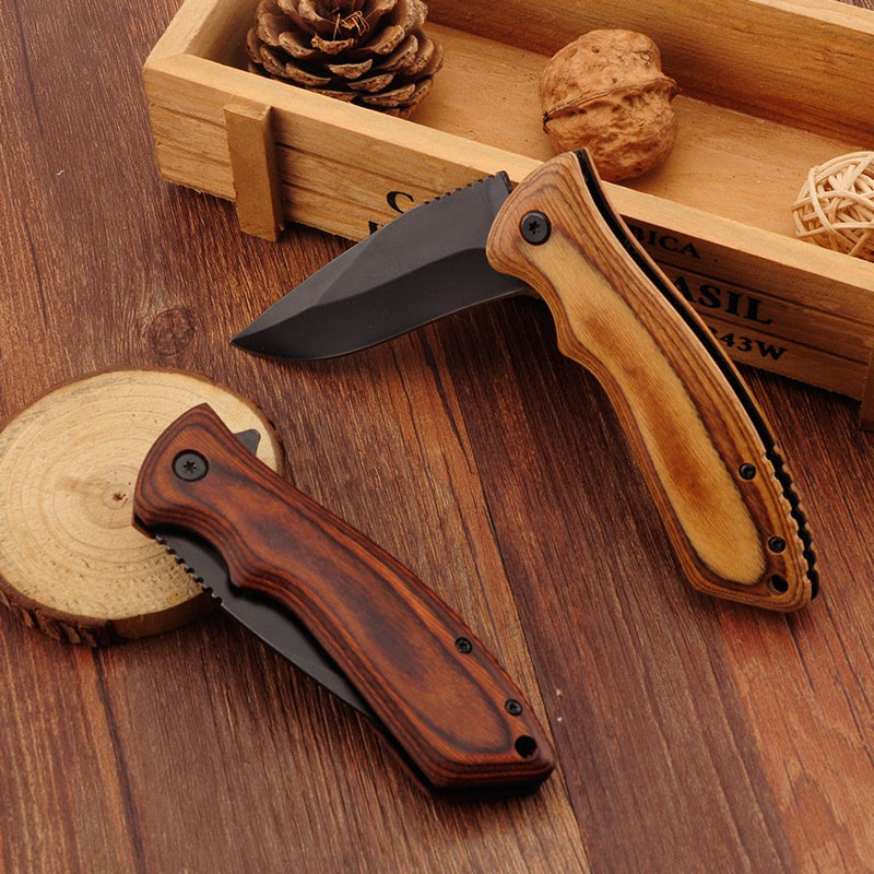 Stainless Steel Outdoor Folding Knife Wilderness Survival Tactical Knife Wooden Handle Pocket Knife