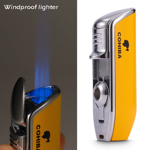 【QINQUAN】Direct Blue Flame Lighter Portable lighters  for cigarettes with Cigar Drill & Gift Box Without Gas/oil  Cohiba Multi-function Windproof Lighter
