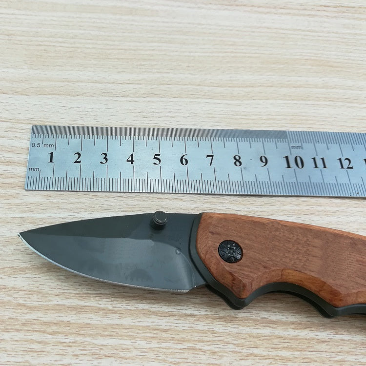 Outdoor portable boutique folding knife multifunctional camping knife with titanium-plated steel and wooden handle