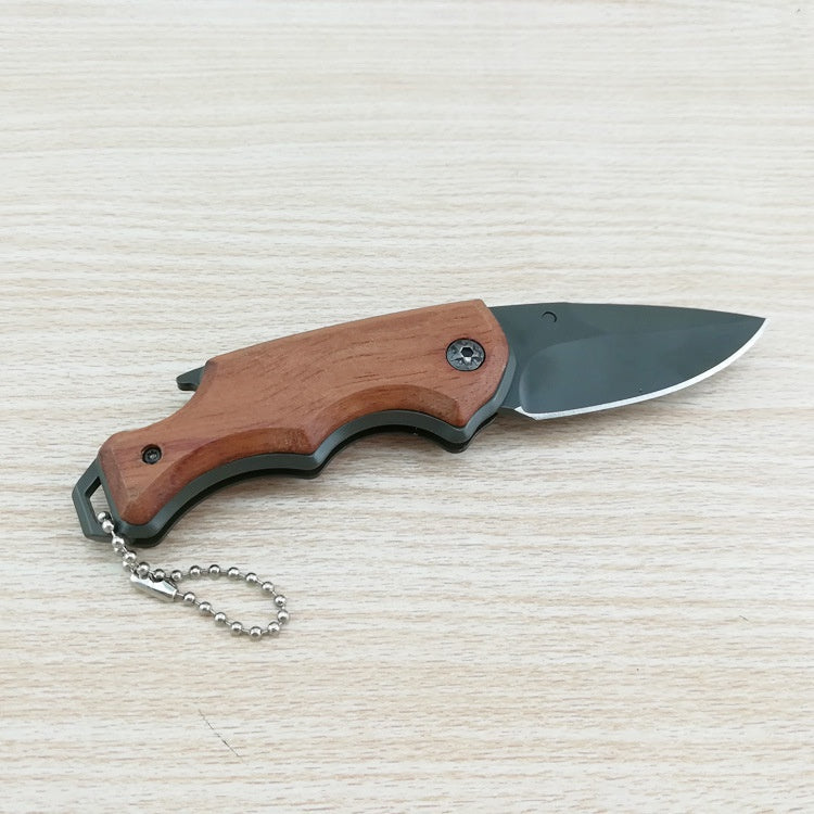 Outdoor portable boutique folding knife multifunctional camping knife with titanium-plated steel and wooden handle