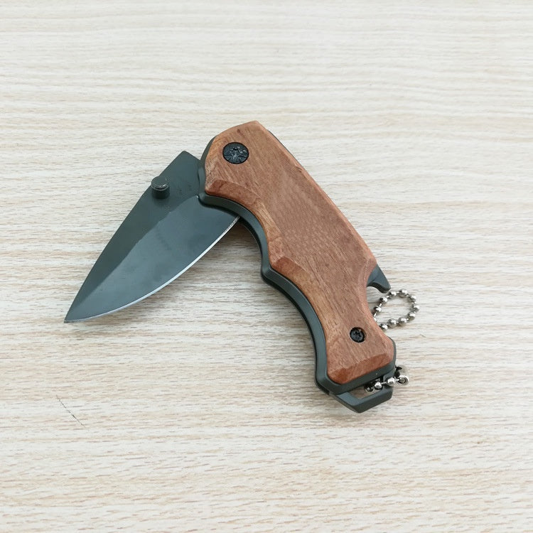 Outdoor portable boutique folding knife multifunctional camping knife with titanium-plated steel and wooden handle