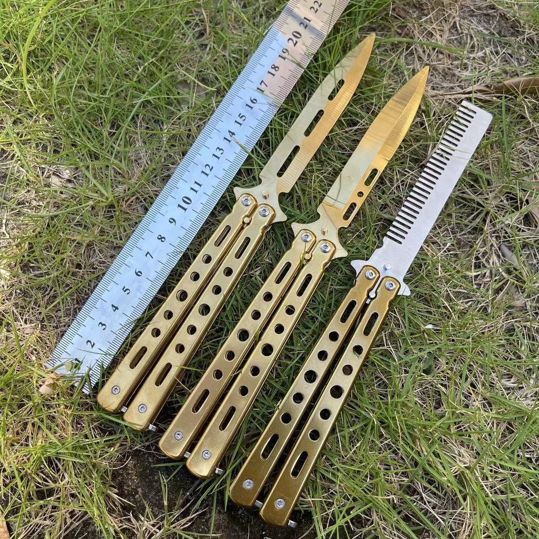 Golden Comb Butterfly Knife Fancy Comb Unblade All-steel Butterfly Knife Practice Butterfly Folding Knife Shake Knife