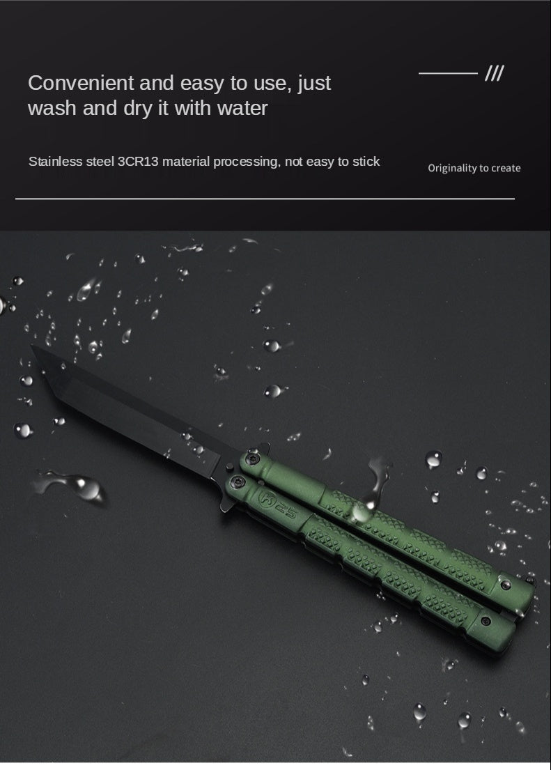 Novice stainless steel field training butterfly comb swing hand folding knife outdoor self-defense portable practice knife