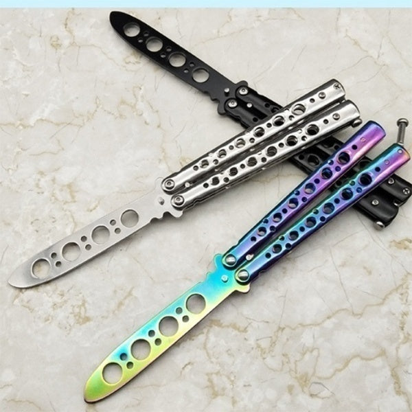 Butterfly  Trainer New Black Metal Practice  Training Flail Knife Tool Sticks Titanium Knife Stainless Steel Fan Knife  Dull Tool Hot  Outdoor Sport Martial Arts Practice Trainer Knife Stunning + Sheath Dull Rainbow Practice Tool Trainer