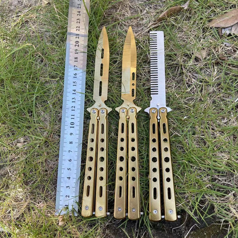 Golden Comb Butterfly Knife Practice Butterfly Folding Knife Shake Knife Fancy Comb Unblade All-steel Butterfly Knife