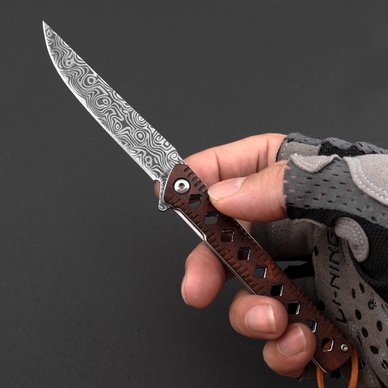 Outdoor portable folding knife sharp fruit knife knife Damasci grain folding knife wooden handle pen camping survival knife