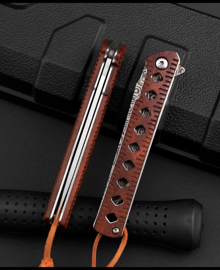 Outdoor portable folding knife sharp fruit knife knife Damasci grain folding knife wooden handle pen camping survival knife