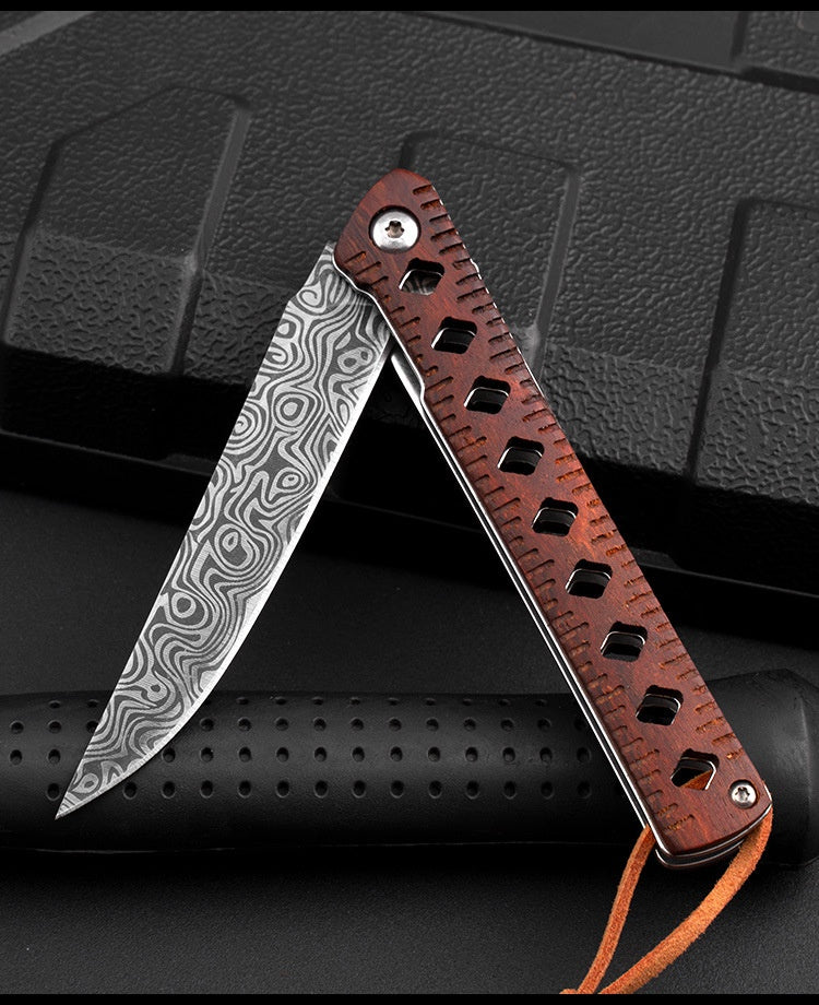 Outdoor portable folding knife sharp fruit knife knife Damasci grain folding knife wooden handle pen camping survival knife