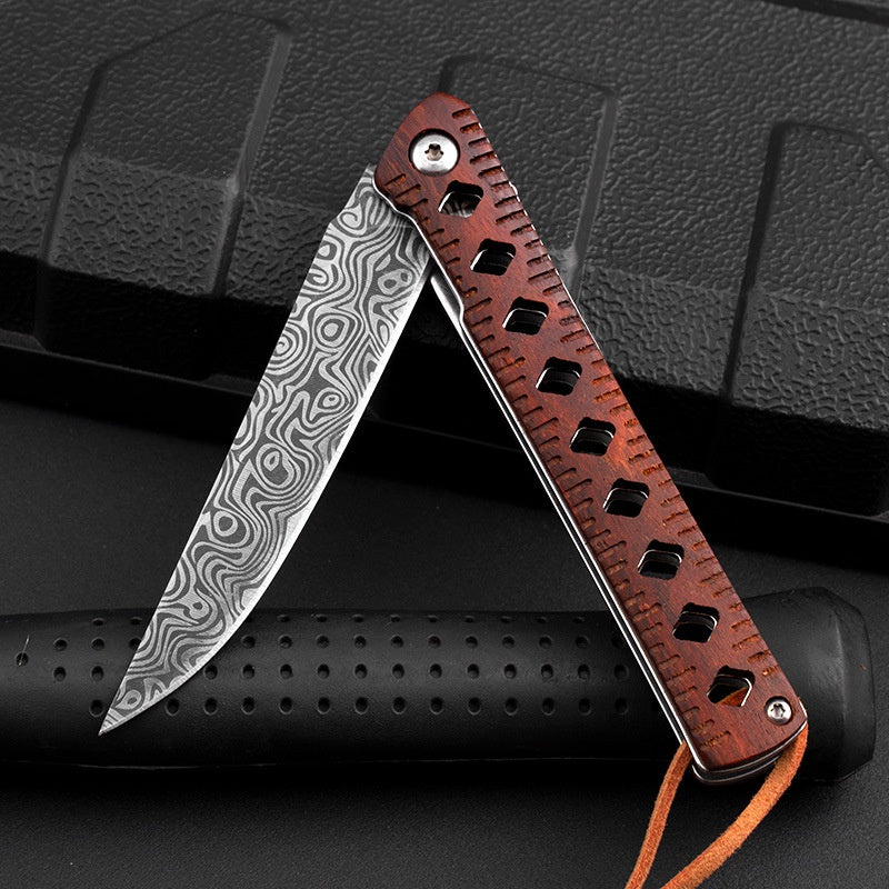 Outdoor portable folding knife sharp fruit knife knife Damasci grain folding knife wooden handle pen camping survival knife