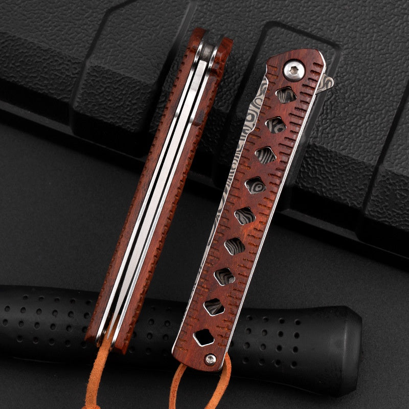 Outdoor portable folding knife sharp fruit knife knife Damasci grain folding knife wooden handle pen camping survival knife