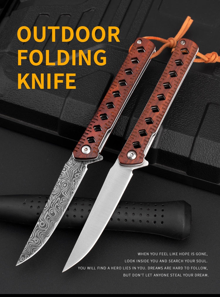 Outdoor portable folding knife sharp fruit knife knife Damasci grain folding knife wooden handle pen camping survival knife