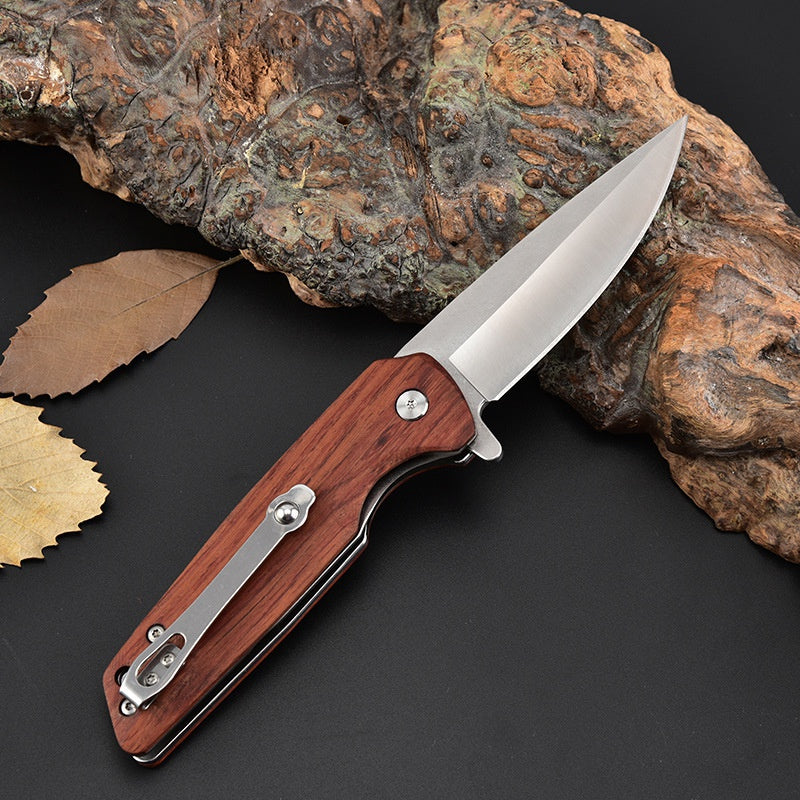 Folding Knife Stainless Steel Folding Pocket Knife Portable Wooden Handle Folding Knife Self-defense Outdoor Knife Multi-function Tool