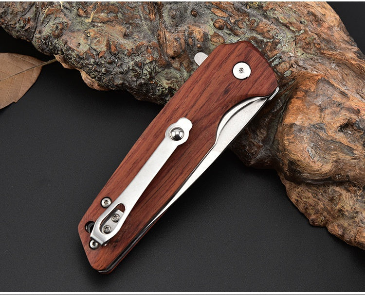 Folding Knife Stainless Steel Folding Pocket Knife Portable Wooden Handle Folding Knife Self-defense Outdoor Knife Multi-function Tool