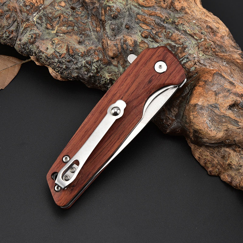 Folding Knife Stainless Steel Folding Pocket Knife Portable Wooden Handle Folding Knife Self-defense Outdoor Knife Multi-function Tool
