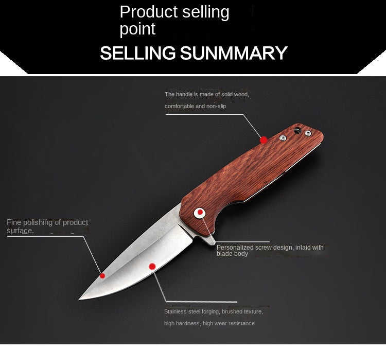 Folding Knife Stainless Steel Folding Pocket Knife Portable Wooden Handle Folding Knife Self-defense Outdoor Knife Multi-function Tool
