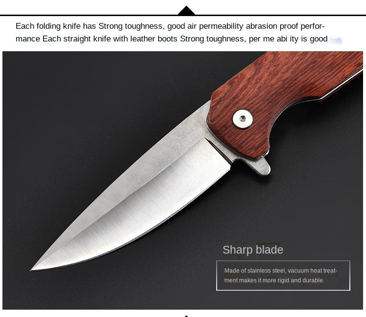 Folding Knife Stainless Steel Folding Pocket Knife Portable Wooden Handle Folding Knife Self-defense Outdoor Knife Multi-function Tool
