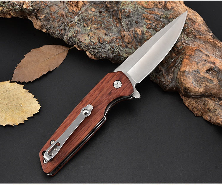 Folding Knife Stainless Steel Folding Pocket Knife Portable Wooden Handle Folding Knife Self-defense Outdoor Knife Multi-function Tool