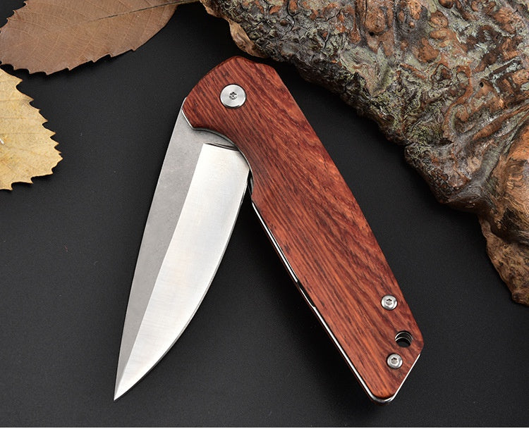 Folding Knife Stainless Steel Folding Pocket Knife Portable Wooden Handle Folding Knife Self-defense Outdoor Knife Multi-function Tool