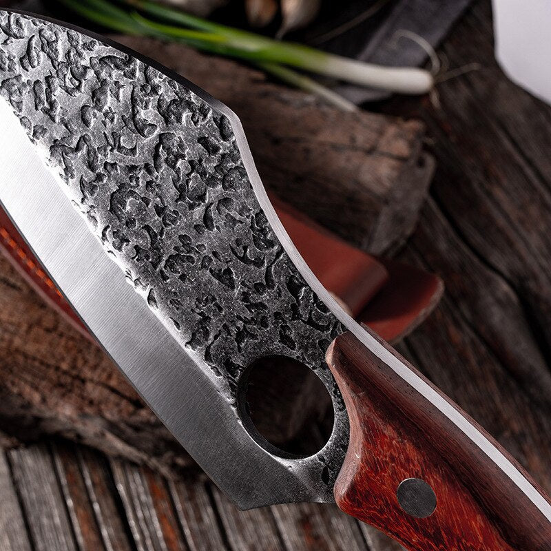 Kitchen Cutting Cooking Tools with Ring Solid Wood Handle Stainless Steel Hammer Pattern Professional Chef Butcher Boning Knife