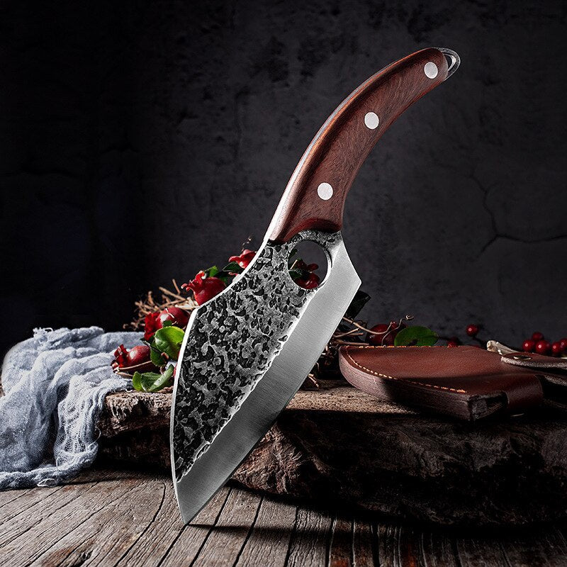 Kitchen Cutting Cooking Tools with Ring Solid Wood Handle Stainless Steel Hammer Pattern Professional Chef Butcher Boning Knife